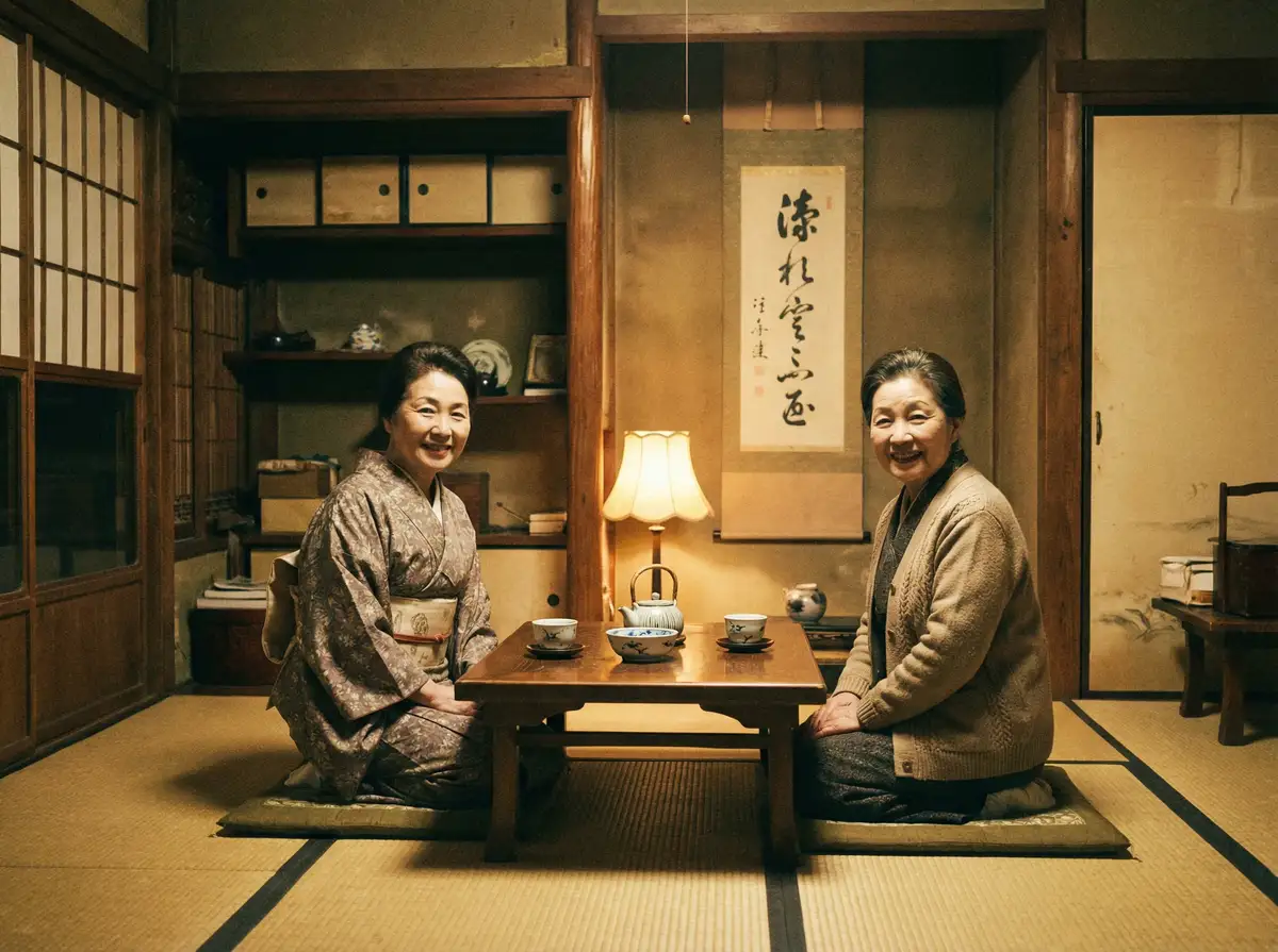 两位优雅的 AY体育app 在日式茶室中品茶交谈